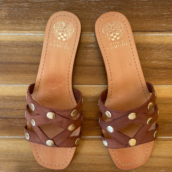 Vince Camuto Studded Sandal Slides in Nut Brown Leather - Picture 2 of 5